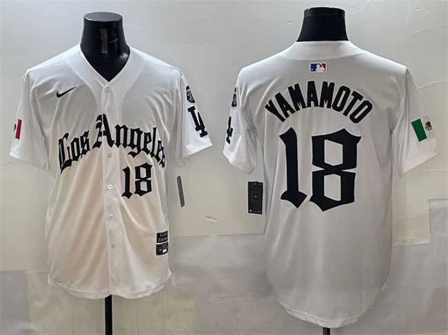 Men%27s Los Angeles Dodgers #18 Yoshinobu Yamamoto White Mexico 2025 LA Gothic Style With Fernando Patch Vapor Premier Limited Stitched Jersey